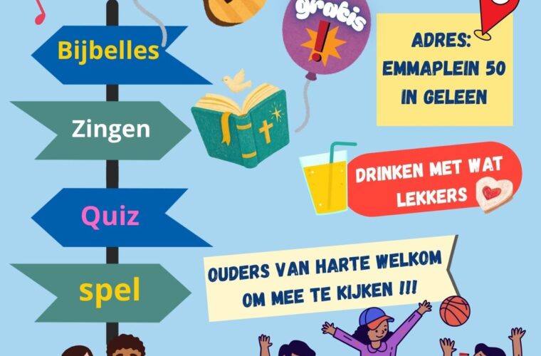 Flyer Goed Nieuws Club Geleen — woensdagmiddag om de week, 14.00-15.30 uur, Emmaplein 50